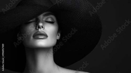Dramatic black-and-white photograph displaying a person adorned with a prominent, stylish hat. The minimalist style and strong contrasts add to the elegance and allure of this image.