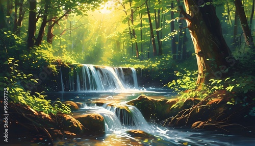 Tranquil forest oasis featuring a glistening waterfall surrounded by vibrant greenery and dappled sunlight photo