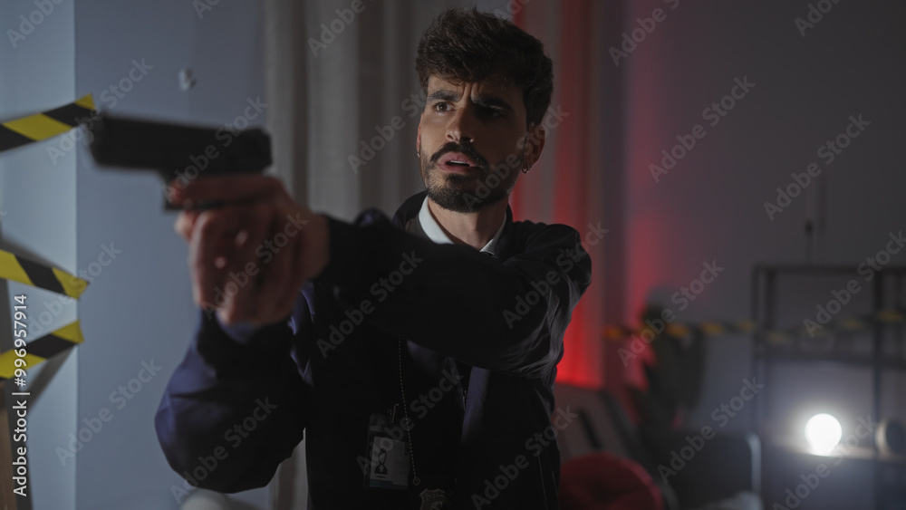 Handsome hispanic man acting as a detective with gun in a dimly-lit indoor crime scene. Handsome hispanic man acting as a detective with gun in a dimly-lit indoor crime scene.