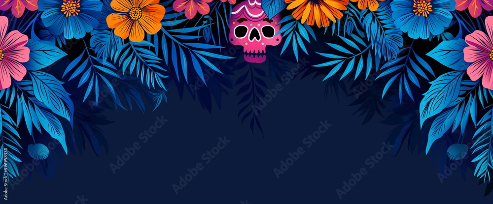 Obraz premium Tropical floral frame with sugar skull for Day of the Dead, dark blue background with colorful flowers and leaves for Mexican holiday design