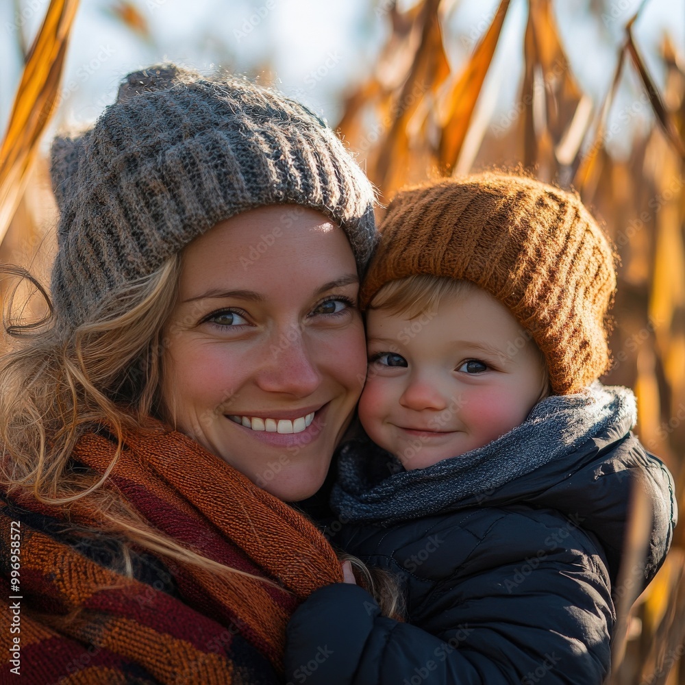Mother and child joyfully navigating a tall corn maze on a sunny autumn afternoon