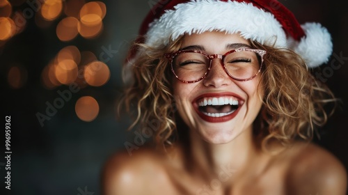A woman wearing a Santa hat and glasses laughs joyfully, captured amidst a warm festive ambiance, embodying exuberance and holiday spirit in a lively atmosphere.