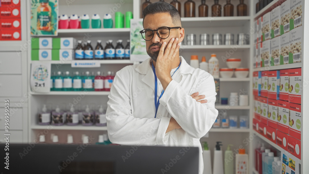 A young hispanic man in a white coat exhibits toothache distress in a pharmacy's interior. A young hispanic man in a white coat exhibits toothache distress in a pharmacy's interior.