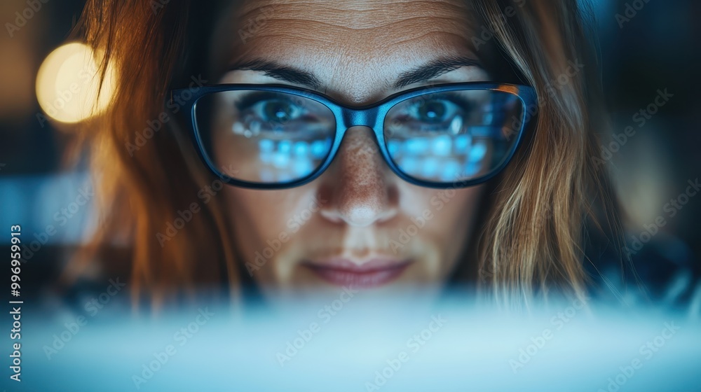 A close-up of a person with glasses working intently on a laptop late at night, highlighting the dedication, focus, and modern work ethic in a dimly lit environment.