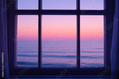 Dawn s Gentle Embrace  A Window Revealing a Calm Sea Under a Gradient Sky at Daybreak