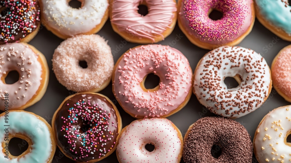 A delightful assortment of donuts designed with pastel-colored icing and an array of sprinkles, showcasing a wide variety of designs and sugary decorations that are visually pleasing. A delightful assortment of donuts designed with pastel-colored icing and an array of sprinkles, showcasing a wide variety of designs and sugary decorations that are visually pleasing.