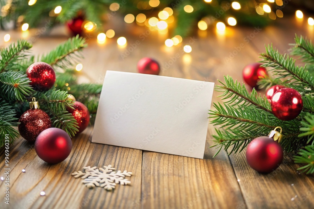 Obraz premium Christmas business card mockup with blank card placed between festive fir branches, red ornaments, and glowing lights on a wooden table, ideal for holiday branding and design.