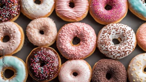 A delightful assortment of donuts designed with pastel-colored icing and an array of sprinkles, showcasing a wide variety of designs and sugary decorations that are visually pleasing.