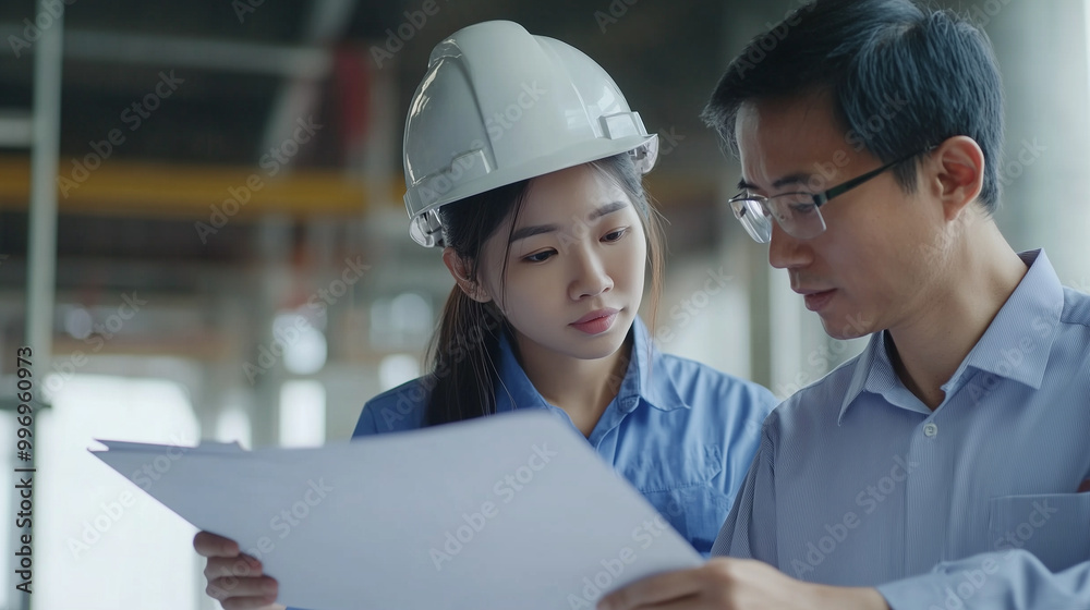 Asian contractor and engineer reviewing building materials together, ensuring everything meets the necessary standards for a successful construction project in a busy site environm Asian contractor and engineer reviewing building materials together, ensuring everything meets the necessary standards for a successful construction project in a busy site environm