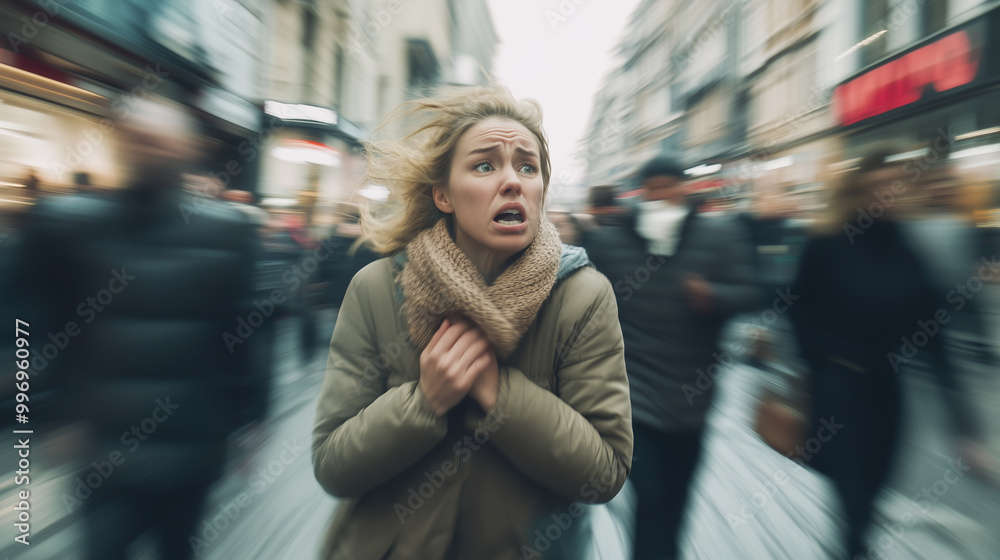 A woman experiencing a panic attack in the middle of a busy city street, clutching her chest and struggling to breathe as people walk past her, unaware of her mental health crisis. A woman experiencing a panic attack in the middle of a busy city street, clutching her chest and struggling to breathe as people walk past her, unaware of her mental health crisis.