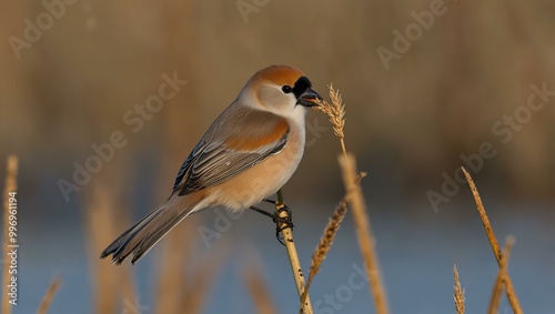 Male bearded reedling eating reed seeds on a cold winter day in the Netherlands.