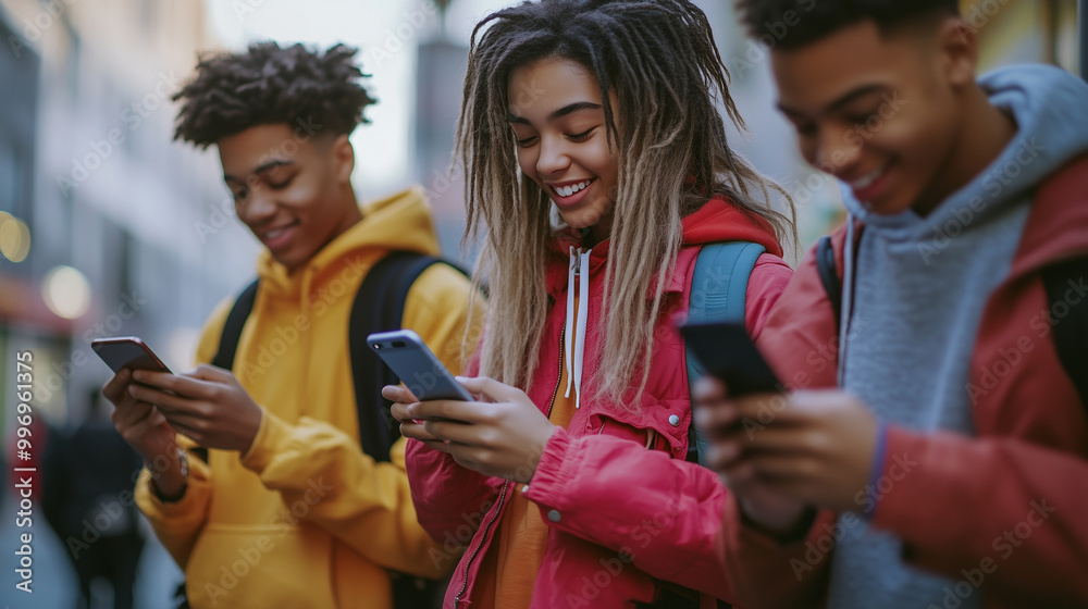 Obraz premium Diverse group of young people in an urban setting, using their cellphones to network and share experiences on social media apps. The energy and excitement of Gen Z is highlighted d