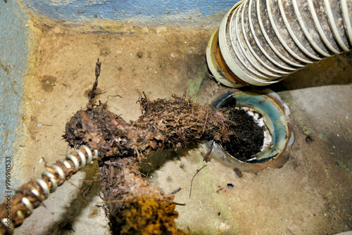 Roots being removed from a toilet drainage pipe using an electrically operated sewer snake or pipe cleaner
