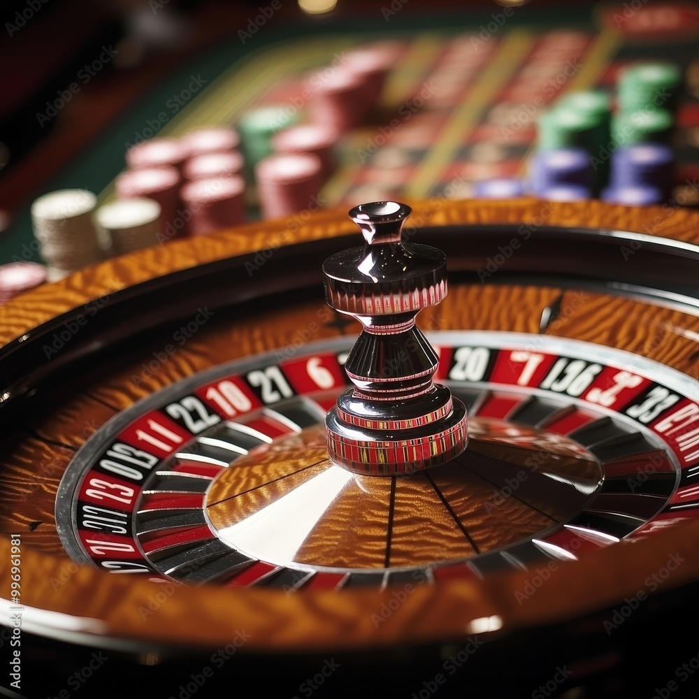 Casino roulette wheel and chips, close-up, shallow depth of field Casino roulette wheel and chips, close-up, shallow depth of field