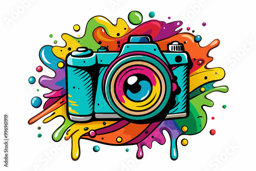 World Photography Day. Colorful camera tattoo design with watercolor splash on white background Vector Illustration