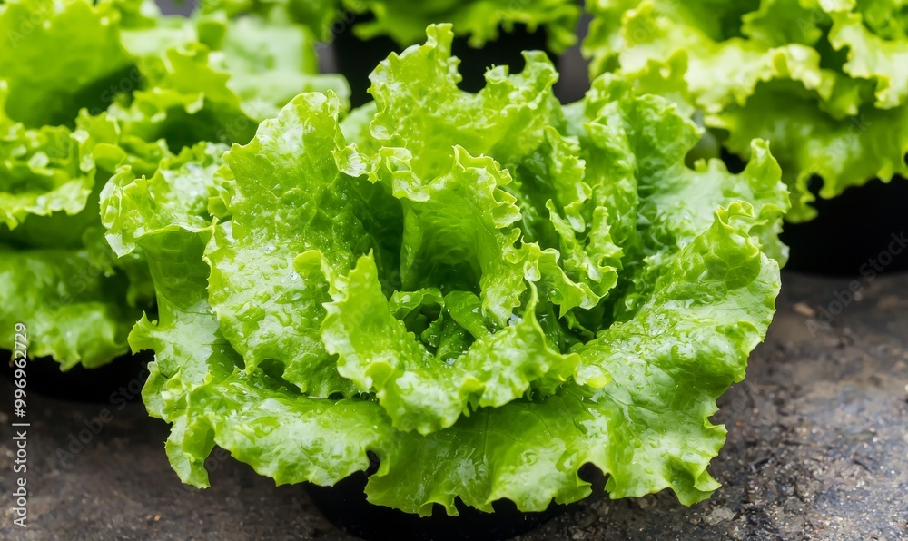 An industrial greenhouse with lettuce grown hydroponically in gutters on racks. A concept of hydroponic farming and agriculture.