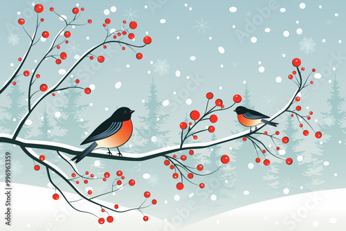 Bullfinches on a rowan branch against a background of snow-covered fir trees. Beautiful winter Christmas wildlife vector illustration. Festive landscape for design.
