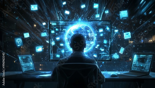 This stock image depicts a person surfing the internet, enveloped by a vortex of digital data and social media symbols.