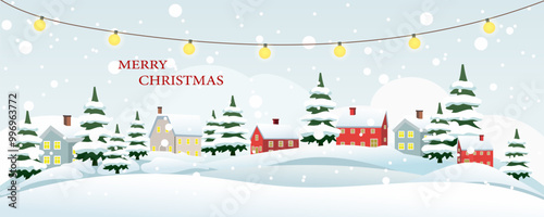 Christmas village decorated for the holidays. Beautiful city with Christmas decorations. Cute houses, Christmas trees, garlands, snowdrifts and snowy weather. Holiday vector illustration.