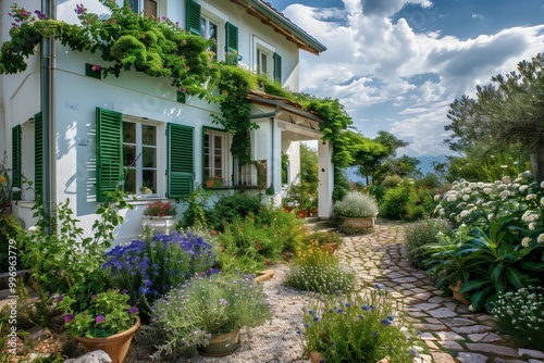 A picturesque country house with a white exterior and green shutters, surrounded by a beautiful garden filled with flowers and a stone pathway.