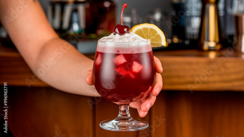 Female hand holding a glass of cocktail photo