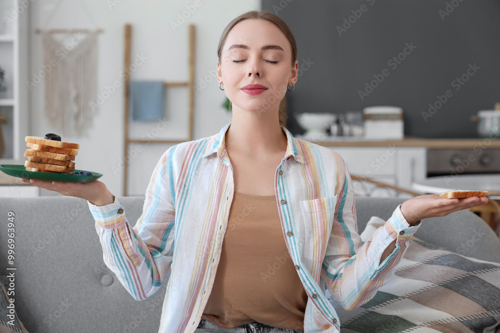 Φωτογραφία Beautiful young happy woman holding tasty toasts with butter at home