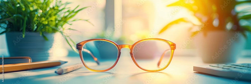 Technology and business concept for an office workspace with a laptop and glasses Technology and business concept for an office workspace with a laptop and glasses