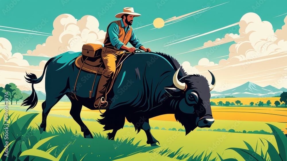 Naklejka premium A cowboy riding a bison through a vibrant landscape under a sunny sky.