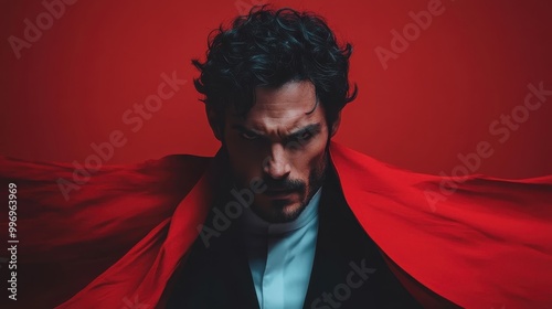 Striking image of an individual cloaked in red, fabric flowing amidst a dark background, evoking a sense of mystery, drama, and movement in an artistic style. photo