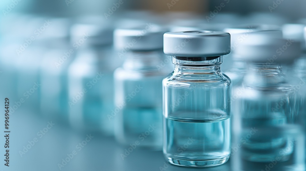Image showing multiple transparent medical vials with clear caps, lined up in a row on a blue background, representing vaccination and medical research. Image showing multiple transparent medical vials with clear caps, lined up in a row on a blue background, representing vaccination and medical research.