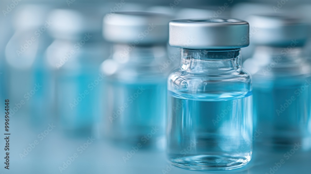 A laboratory setup featuring a row of vials filled with blue liquid, showcasing the meticulous organization and high standards of scientific research and medical investigation. A laboratory setup featuring a row of vials filled with blue liquid, showcasing the meticulous organization and high standards of scientific research and medical investigation.