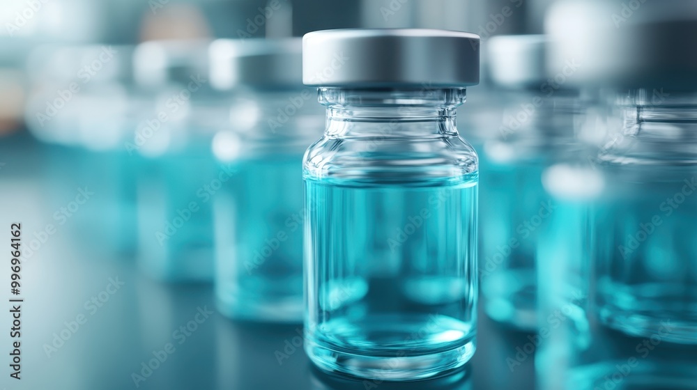 Several medical vials containing blue liquid are neatly arranged on a table, representing scientific research, healthcare development, and precision in the medical field. Several medical vials containing blue liquid are neatly arranged on a table, representing scientific research, healthcare development, and precision in the medical field.