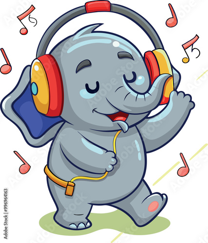 Cute cartoon elephant character listening music with headphones walking and dancing