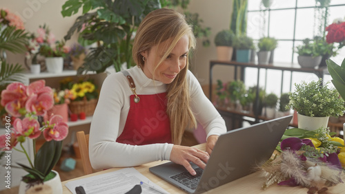 A smiling young caucasian woman florist working on laptop in a vibrant indoor flower shop. photo