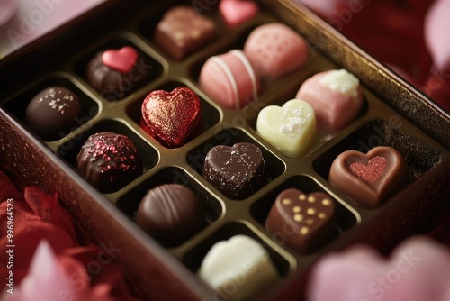 Valentinea??s Day chocolates in a luxurious setting, perfect for romantic gifting promotions photo