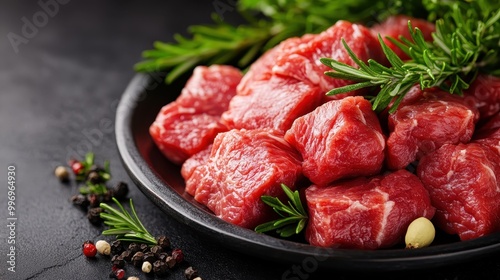 Beef cubes placed on a plate, enhanced with fresh rosemary and whole peppercorns, showcasing the texture and color of the meat, suitable for various culinary uses.