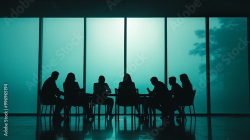 Group of diverse office workers brainstorming ideas around a table, copy space 