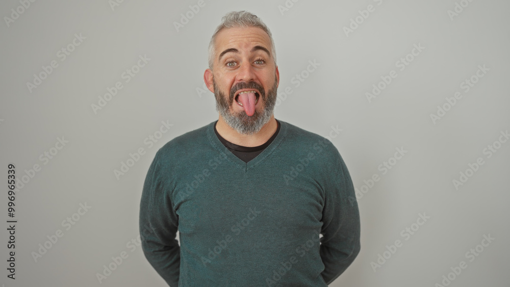 A playful man sticking out tongue against a white background, wearing a casual green shirt.