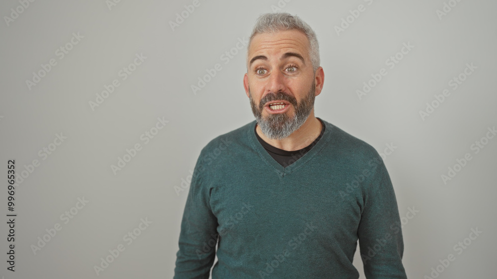 A mid-aged caucasian man with a beard poses against a white background, exuding casual handsomeness. A mid-aged caucasian man with a beard poses against a white background, exuding casual handsomeness.
