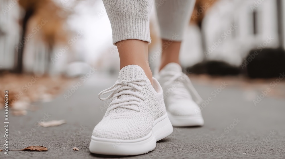 A close-up view of someone walking on a street lined with fallen autumn leaves, wearing white knitted sneakers, depicting a leisurely stroll amidst the seasonal scenery. A close-up view of someone walking on a street lined with fallen autumn leaves, wearing white knitted sneakers, depicting a leisurely stroll amidst the seasonal scenery.