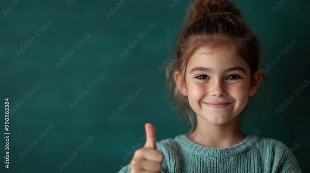 A smiling girl with her hair in a bun, wearing a cozy green sweater, gives a cheerful thumbs up as she stands against a dark green backdrop, expressing joy and approval. A smiling girl with her hair in a bun, wearing a cozy green sweater, gives a cheerful thumbs up as she stands against a dark green backdrop, expressing joy and approval.