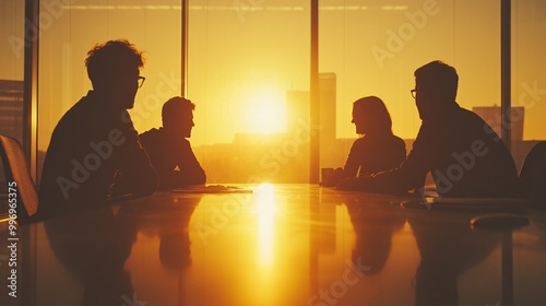Group of diverse office workers brainstorming ideas around a table, copy space