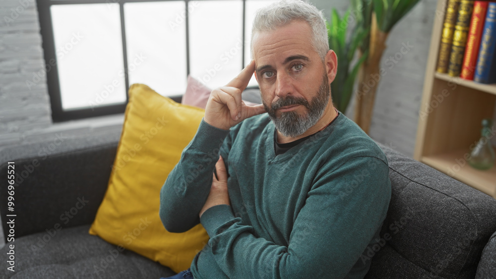 A contemplative middle-aged man with a beard sits thoughtfully in a modern living room. A contemplative middle-aged man with a beard sits thoughtfully in a modern living room.