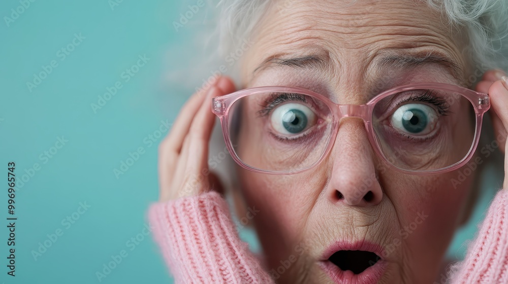 A close-up of a senior woman with a shocked expression, wearing a soft pink sweater and glasses, illustrating surprise, set against a calming sea-green background. A close-up of a senior woman with a shocked expression, wearing a soft pink sweater and glasses, illustrating surprise, set against a calming sea-green background.