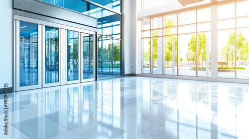 The interior of a modern luxury white room space with blurry corridor  building glass wall window is seen in the blurry background of the hotel lobby or office building  Stock Image.