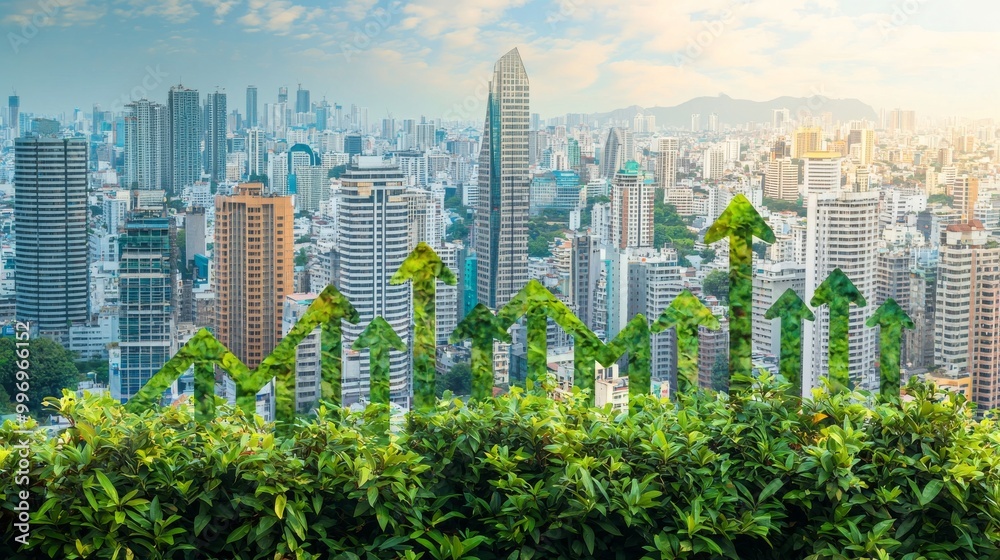 Obraz premium An urban economic growth concept with illuminated arrows ascending between city skyscrapers