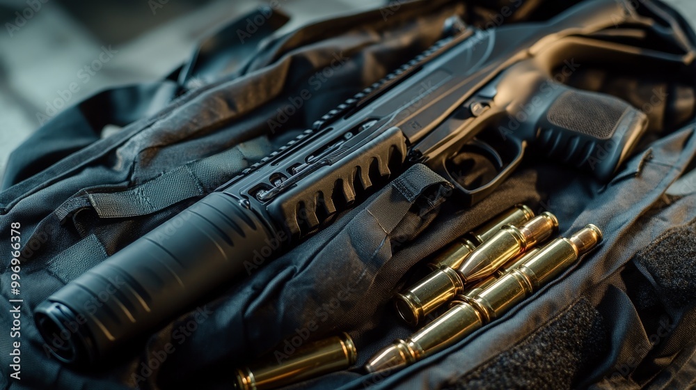 A black shotgun with a plastic handle and ammo are inside a canvas bag. The gun is smooth-barreled. A black shotgun with a plastic handle and ammo are inside a canvas bag. The gun is smooth-barreled.