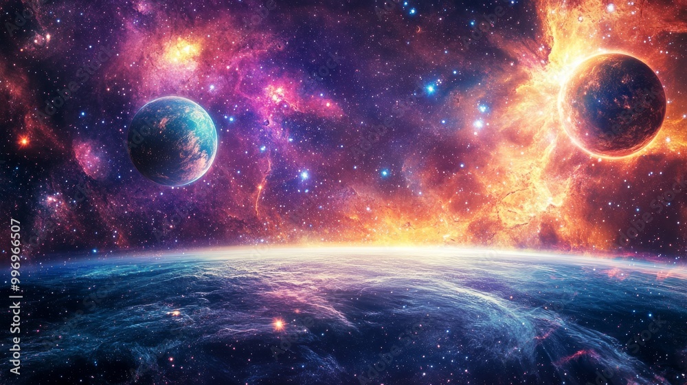 Obraz premium A breathtaking space scene with swirling nebulas, sparkling stars, and the glowing Milky Way. Vivid colors and a magical feel create a sense of endless wonder.