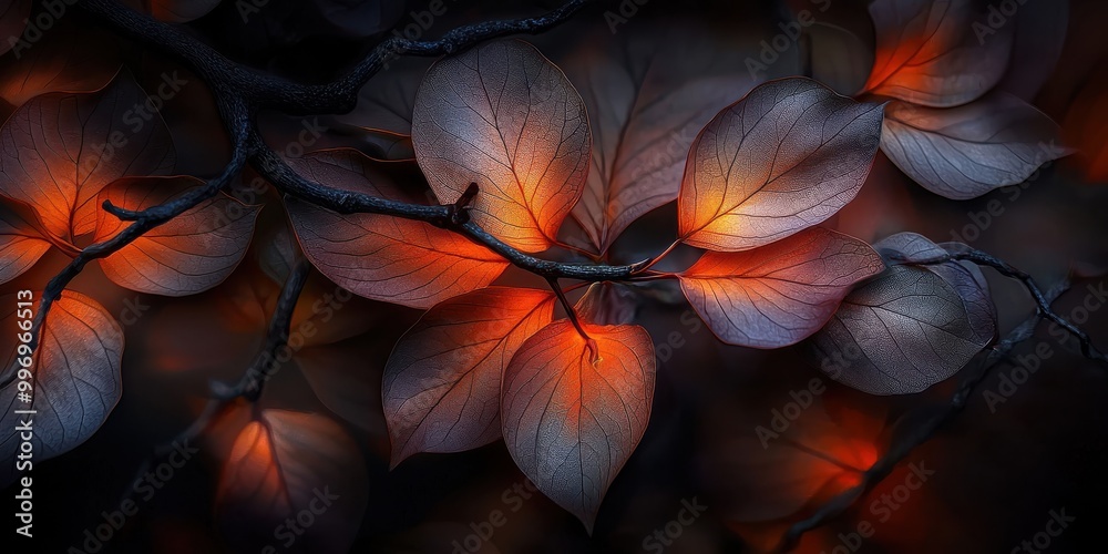 Dark leaves with glowing orange light illuminating their veins in a close-up abstract composition, Ai Generation Dark leaves with glowing orange light illuminating their veins in a close-up abstract composition, Ai Generation