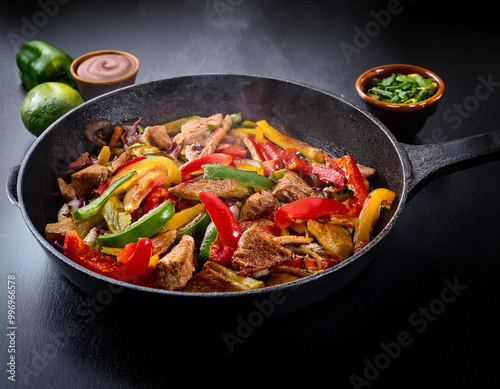 fajita in a hot pan. Mixed beef and chicken fajita ingredients, served on a hot iron skillet.